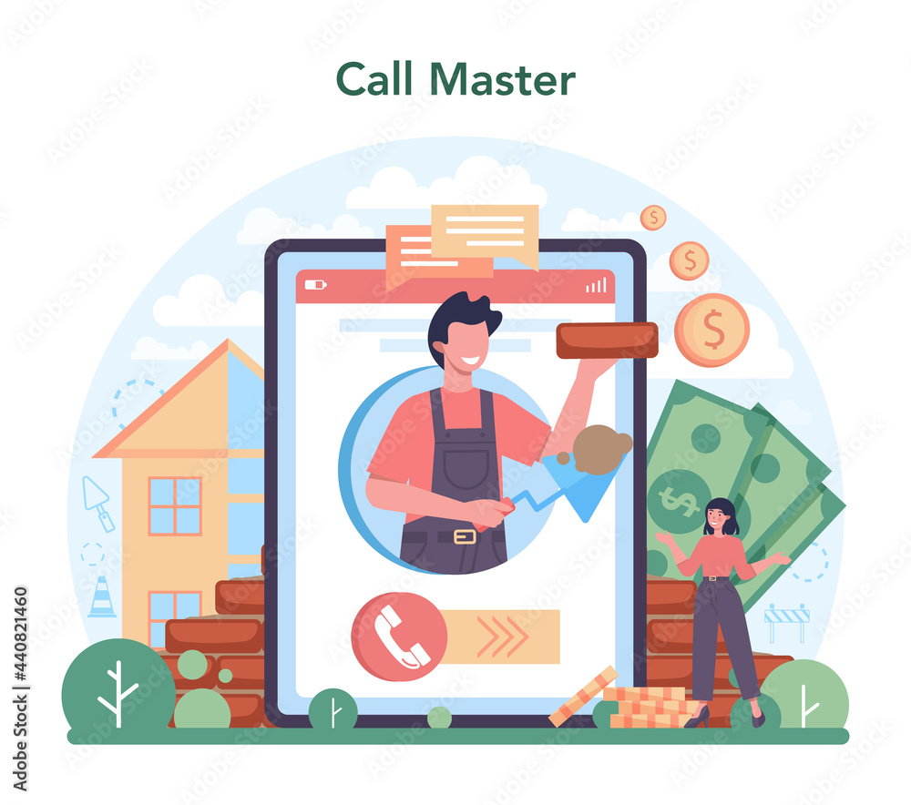 Poster bricklayer online service or platform. professional builder constructing