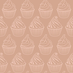 Seamless vector pattern in pastel colores for wrapping, wallpaper and fabric. Contour cupcakes with whipped cream on brown background