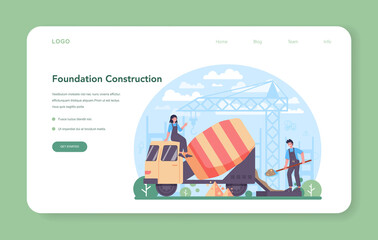 Concrete worker web banner or landing page. Professional builder