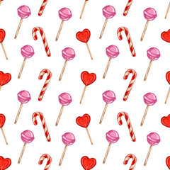 Seamless pattern with sweets for Valentine's day, wedding on navy blue. Hearts, lollipops, candy cane.