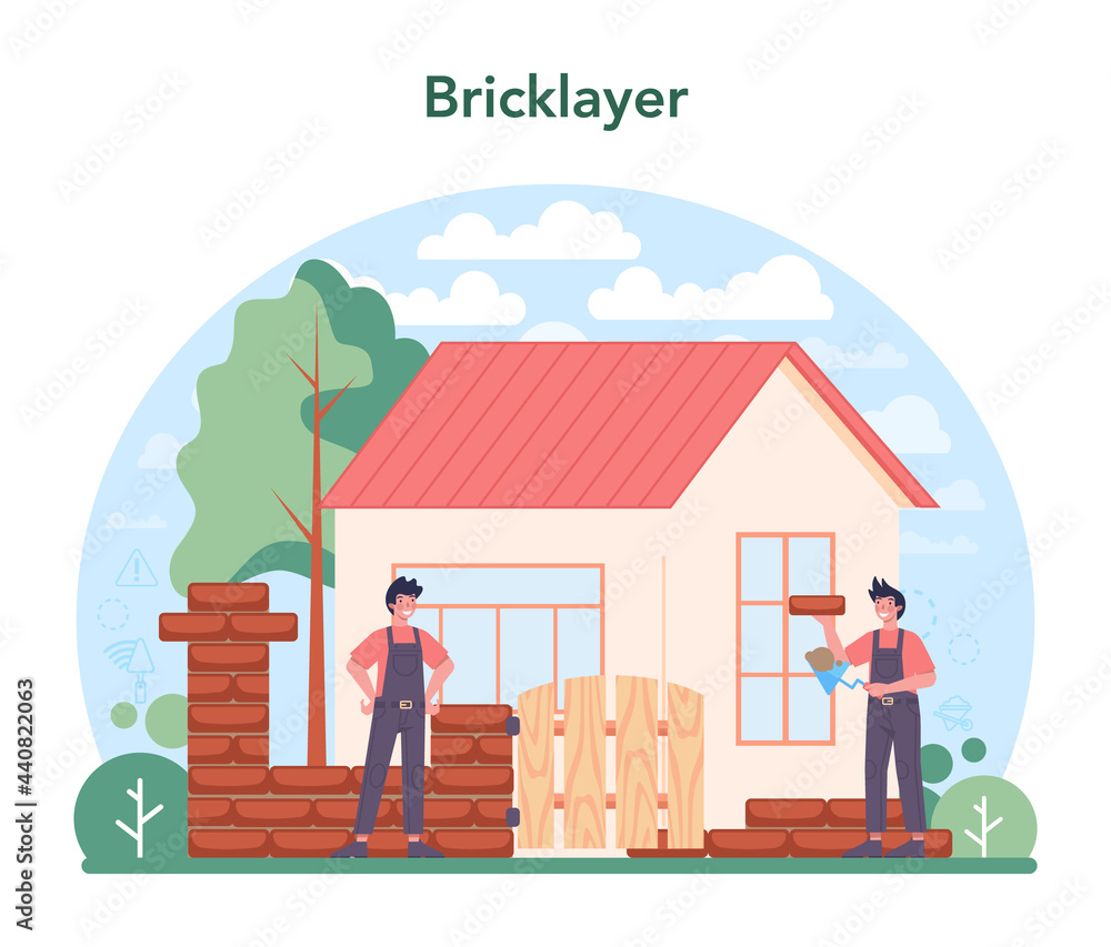 Poster bricklayer concept. professional builder constructing a brick wall with tools