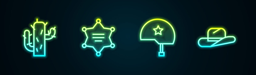 Set line Cactus, Hexagram sheriff, Military helmet and Western cowboy hat. Glowing neon icon. Vector