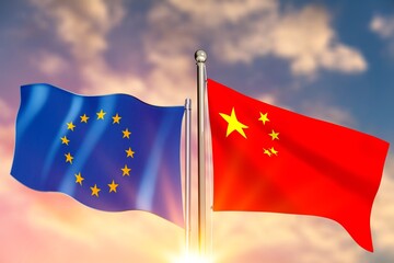 EU and Chinese flags against of a beautiful blue sky