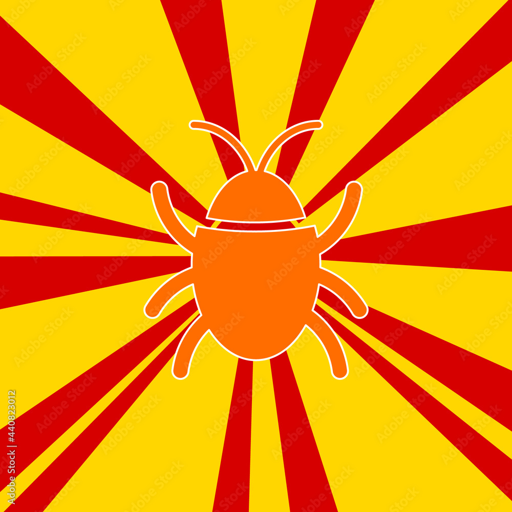 Poster bug symbol on a background of red flash explosion radial lines. the large orange symbol is located i