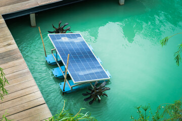 Floating hydro turbines to increase oxygen and clean water in small pool, powered by solar panel