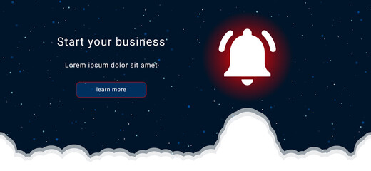 Business startup concept Landing page screen. The bell symbol on the right is highlighted in bright red. Vector illustration on dark blue background with stars and curly clouds from below