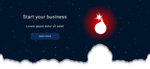 Business startup concept Landing page screen. The bomb symbol on the right is highlighted in bright red. Vector illustration on dark blue background with stars and curly clouds from below