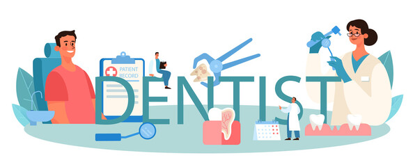 Dentist typographic header. Dental doctor in uniform treating human teeth