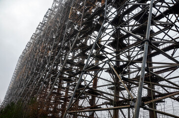Former military radar system steel construction known as the Arc or Duga and so called Russian woodpecker in Chernobyl Exclusion Zone, Ukraine 