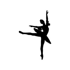 Silhouette of a ballerina girl on stage in black on a white background.