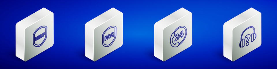 Set Isometric line Shield with text Help, FAQ, Telephone 24 hours support and Headphones icon. Vector