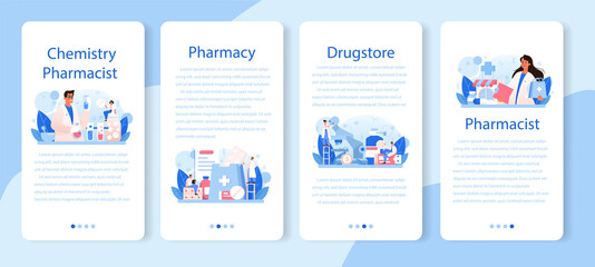 Pharmacy mobile application banner set. Pharmacist preparing