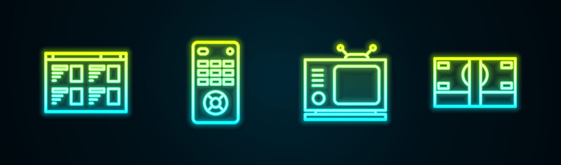 Set line Online play video, Remote control, Retro tv and Stacks paper money cash. Glowing neon icon. Vector