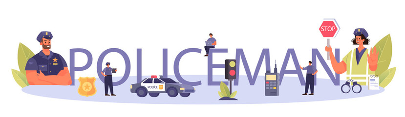 Policeman typographic header. Detective making interrogation investigating