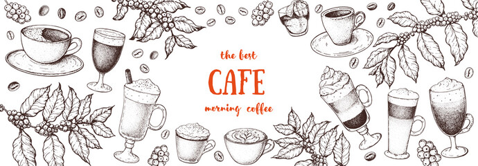 Coffee drink hand drawn collection. Sketch graphic elements for menu design. Vintage vector illustration. Various coffee drinks set. Coffee cups, beans illustration.
