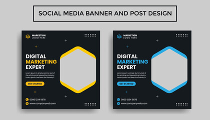 Business marketing banner for social media post template. Digital modern web banner with blue background and abstract yellow shape. Usable for social media, flyers, and websites