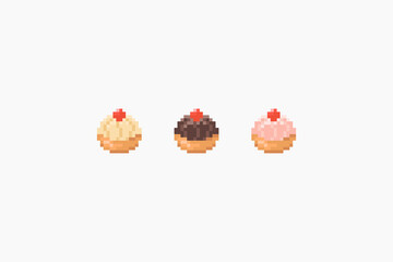 Pixel cream cake illustration set. Vector pixel cream cake with chocolate, strawberry and cheese cream. 8 bit retro game style cakes icon collection. Pixel sweets isolated icons on white background.