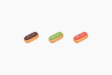Pixel eclair illustration set. Vector pixel eclair cake with chocolate, strawberry and matcha tea. 8 bit retro game style eclairs icon set. Pixel sweet eclairs isolated icons on white background.