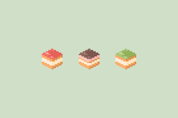 Pixel short cake illustration set. Vector pixel short cake with chocolate, strawberry and matcha tea. 8 bit retro game style square cakes icon set. Pixel sweets isolated icons on white background.