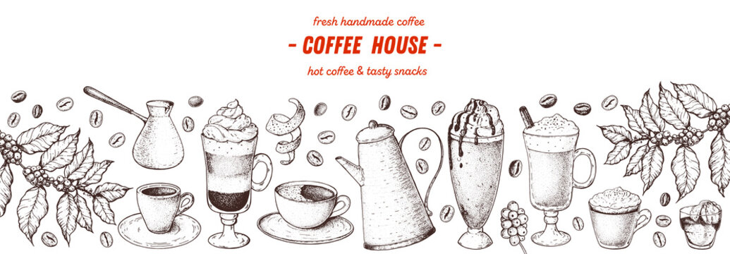 Coffee Drink Hand Drawn Collection. Sketch Graphic Elements For Menu Design. Vintage Vector Illustration. Various Coffee Drinks Set. Coffee Cups, Beans Illustration.