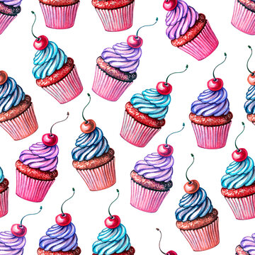 Watercolor hand-drawn seamless pattern with cupcake ornaments