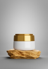cosmetics bottle with gold stone podium for product display