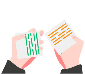 The voting process, bidding, hands raised up with papers. Sale and buy. Thin outline vector illustration on white.