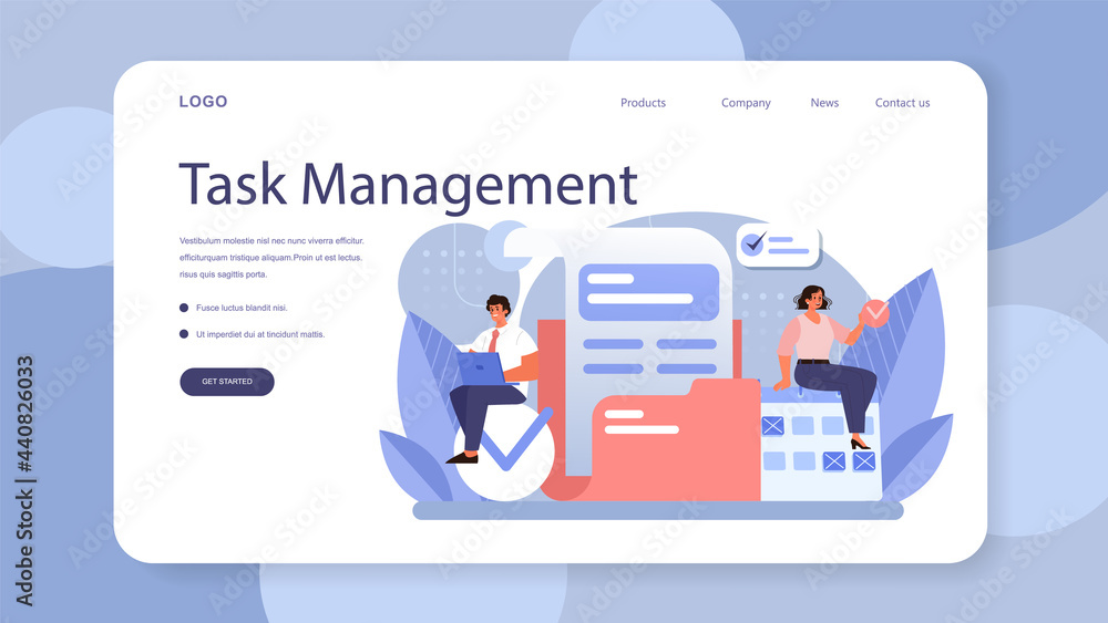 Poster task distribution web banner or landing page. interaction of departments
