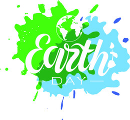 Handwritten inscription for the Earth Day holiday, white on blue and green background, logo, lettering,