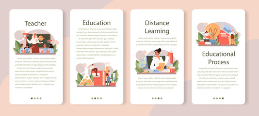 Teacher mobile application banner set. Professor giving a lesson in a classroom