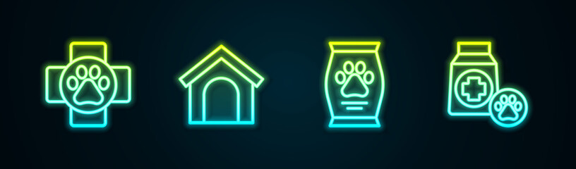 Set line Veterinary clinic, Dog house, Bag of food and . Glowing neon icon. Vector