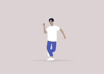 Fototapeta na wymiar A young male Asian character dancing to a song, modern gen z lifestyle
