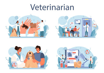 Pet veterinarian concept set. Veterinary doctor checking and treating animal