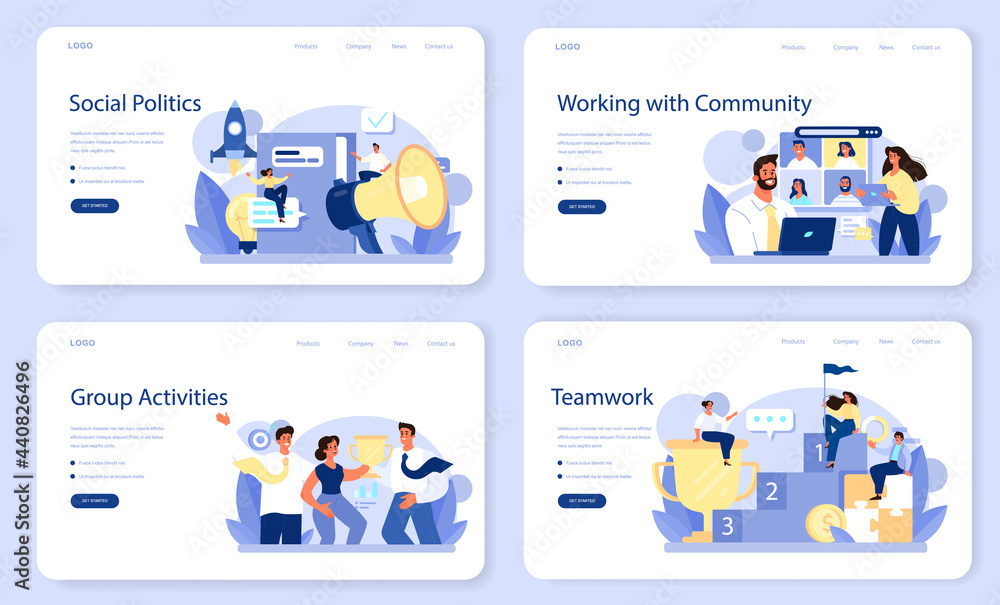 Poster community working web banner or landing page set. team building