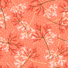 seamless pattern with delicate sprigs of flowers on a coral background, illustration watercolor hand painted