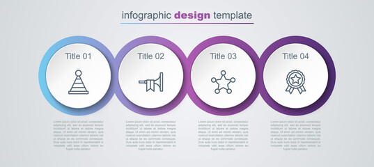 Set line Party hat, Trumpet, Hexagram sheriff and Medal with star. Business infographic template. Vector