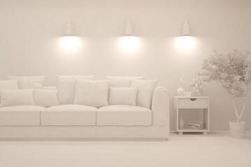 Mock up of stylish room in white color with sofa. Scandinavian interior design. 3D illustration