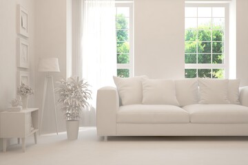 Mock up of stylish room in white color with sofa and green landscape in window. Scandinavian interior design. 3D illustration