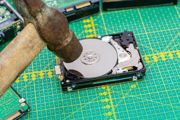 Destruction, deleting of data, information on a hard disk drive with hammer