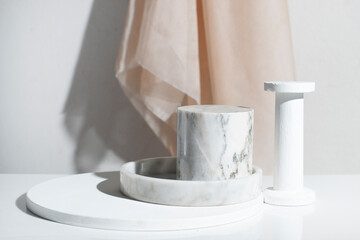 beauty marble pedestal display stage mockup for cosmetic product, podium of stuff, abstract plate showcase for design, geometric form stand floor