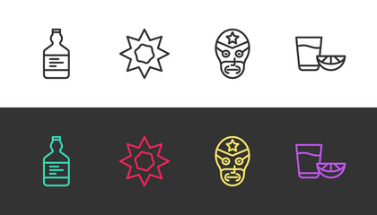 Set line Tequila bottle, Sun, Mexican wrestler and glass with lemon on black and white. Vector