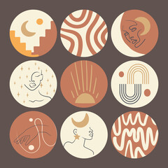 Big set of round icons for social media stories. Abstract various vector highlight covers with doodle objects, woman face, space objects in one line style. Vector illustration.