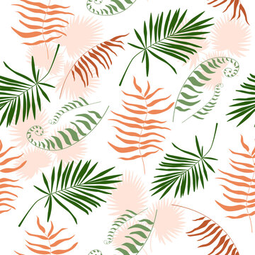 Seamless pattern of tropical, exotic leaves, plants, palm trees, ferns. Bright summer print for fabrics, textiles and design. Vector graphics.