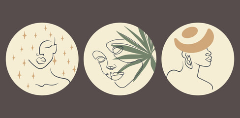 Collection of three various vector highlight covers with woman face, leaves, stars and boho objects, for social media stories. Editable vector illustration © Natalya Nepran