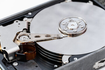 Open hard disk drive close up. HDD repair, information recovery service.