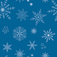 Snowflakes seamless pattern on blue background. Winter calm mood. Vector illustration. Suitable for different types of design.