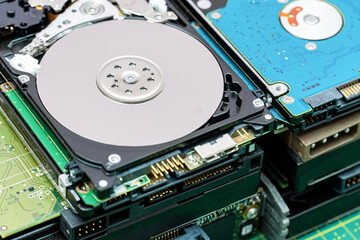 Lot of, pack of hard disk drives in hdd information repair, recovery service