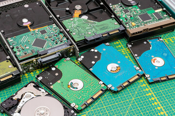 Lot of, pack of hard disk drives in hdd information repair, recovery service