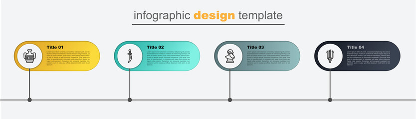 Set line Neptune Trident, Ancient bust sculpture, Dagger and amphorae. Business infographic template. Vector