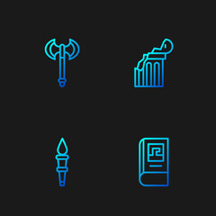 Set line Greek history book, Torch flame, Medieval axe and Broken ancient column. Gradient color icons. Vector